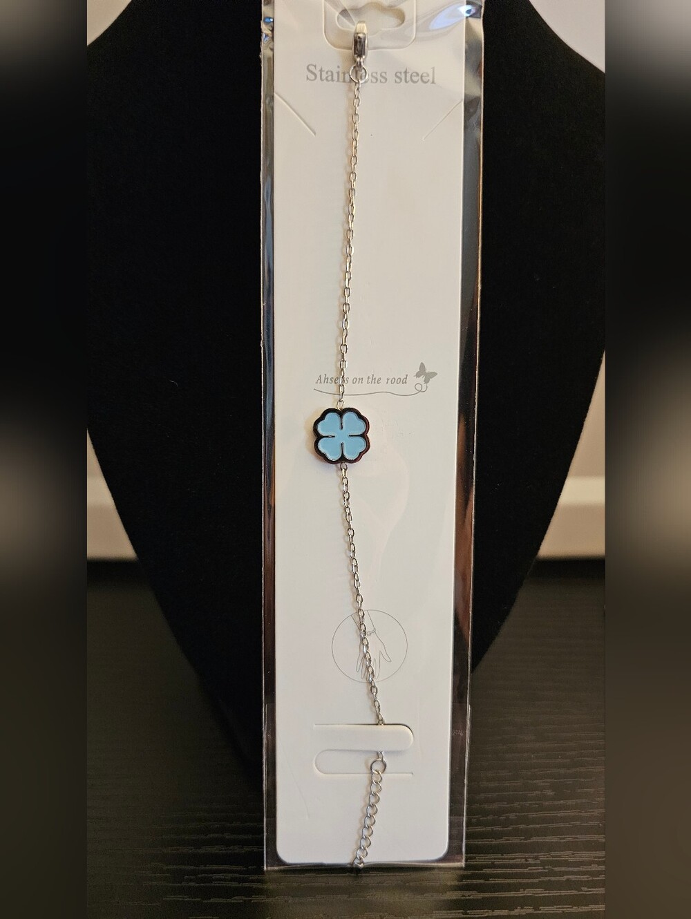 Stainless Steel Four-Leaf Clover Bracelet in Light Blue